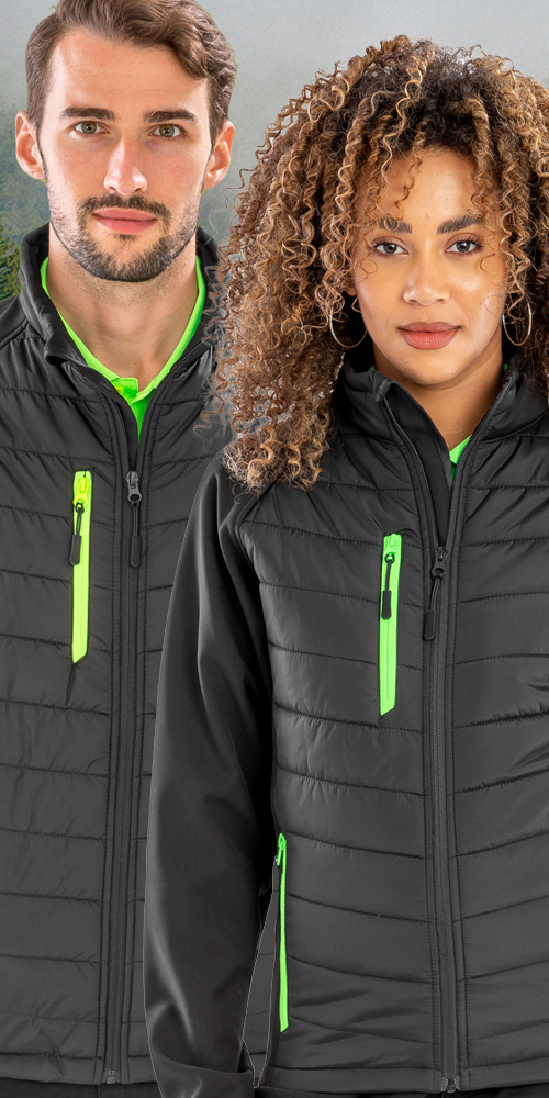 male & female wearing recycled jackets