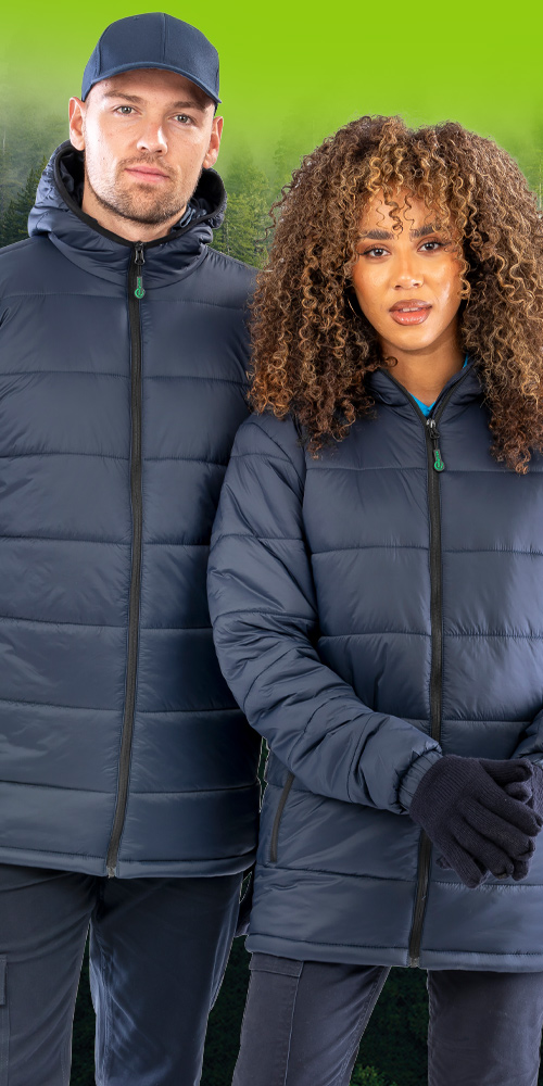 male & female wearing recycled jackets